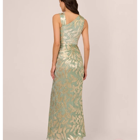 Adrianna Papell FOIL PRINTED ASYMMETRIC GOWN WITH RUFFLED DETAIL IN SAGE GOLD - Picture 5 of 5